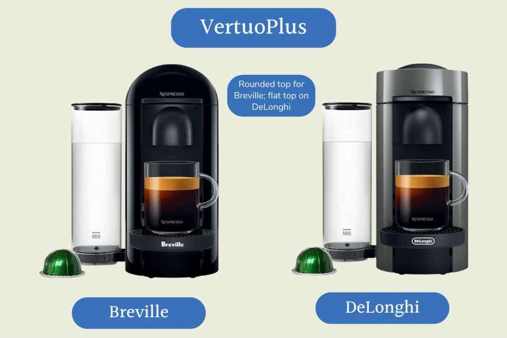 A Breville VertuoPlus next to a DeLonghi model; the Breville has a rounded top.
