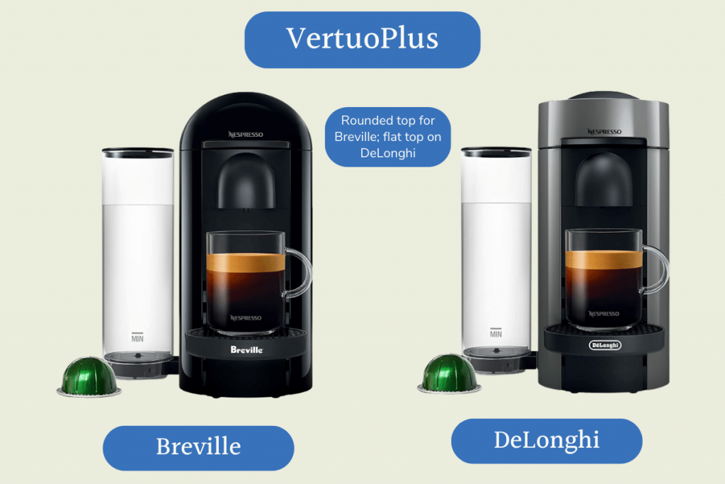 Breville Vertuoplus рядом с моделью Delonghi; Бревиль имеет округлый топ