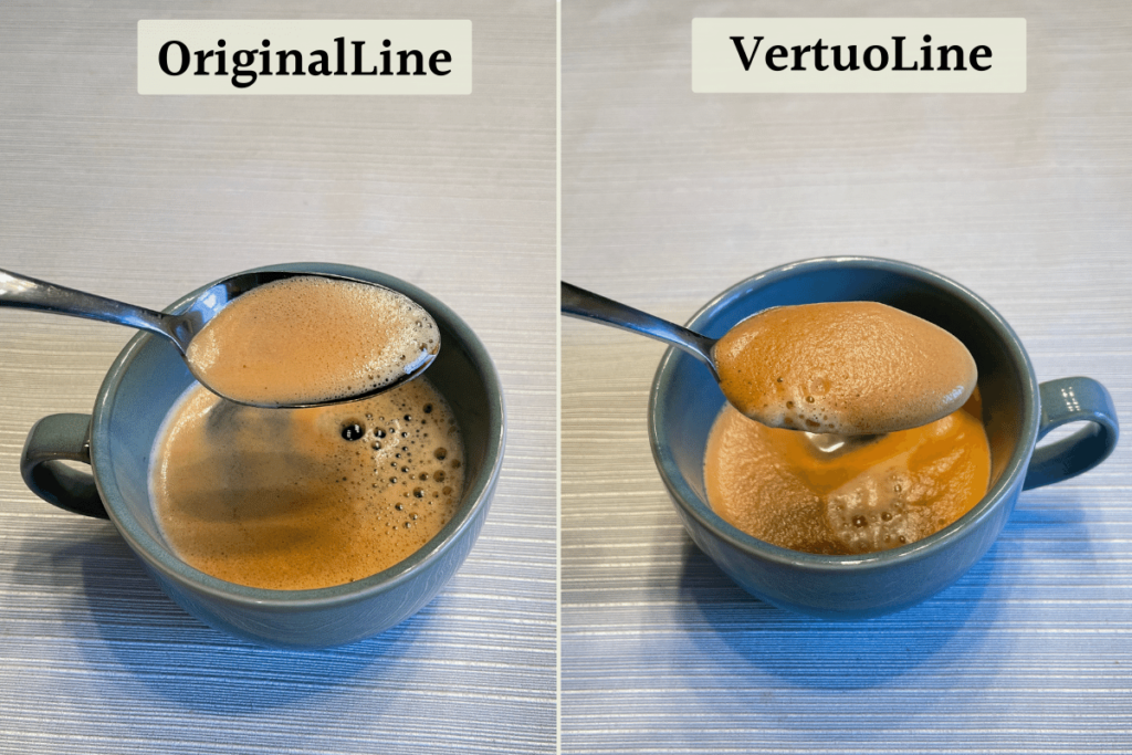 Crema on a spoon of Original and Vertuo Nespresso