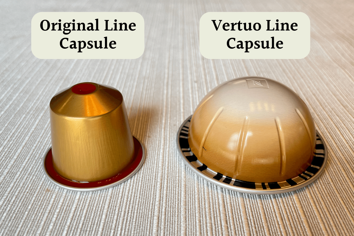 Nespresso Original capsule next to a Vertuo capsule