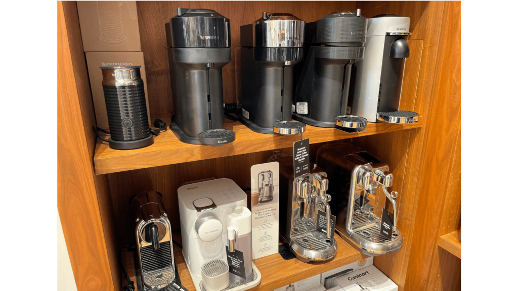 Nespresso machines on the shelves at Williams Sonoma