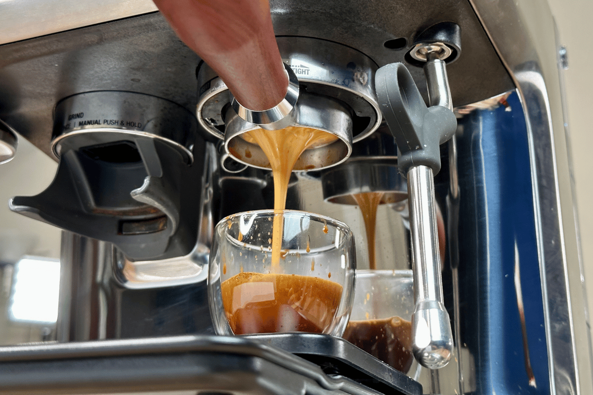 espresso flowing on a Breville Barista pro