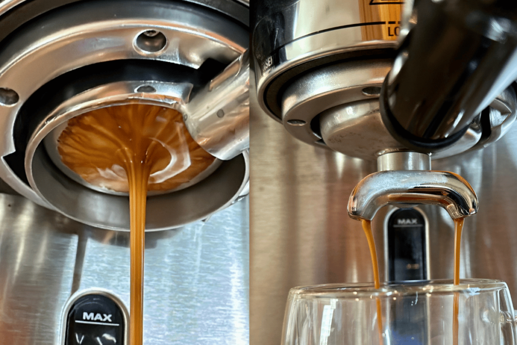 side by side image of espresso flowing through a bottomless portafilter vs spouted portafilter