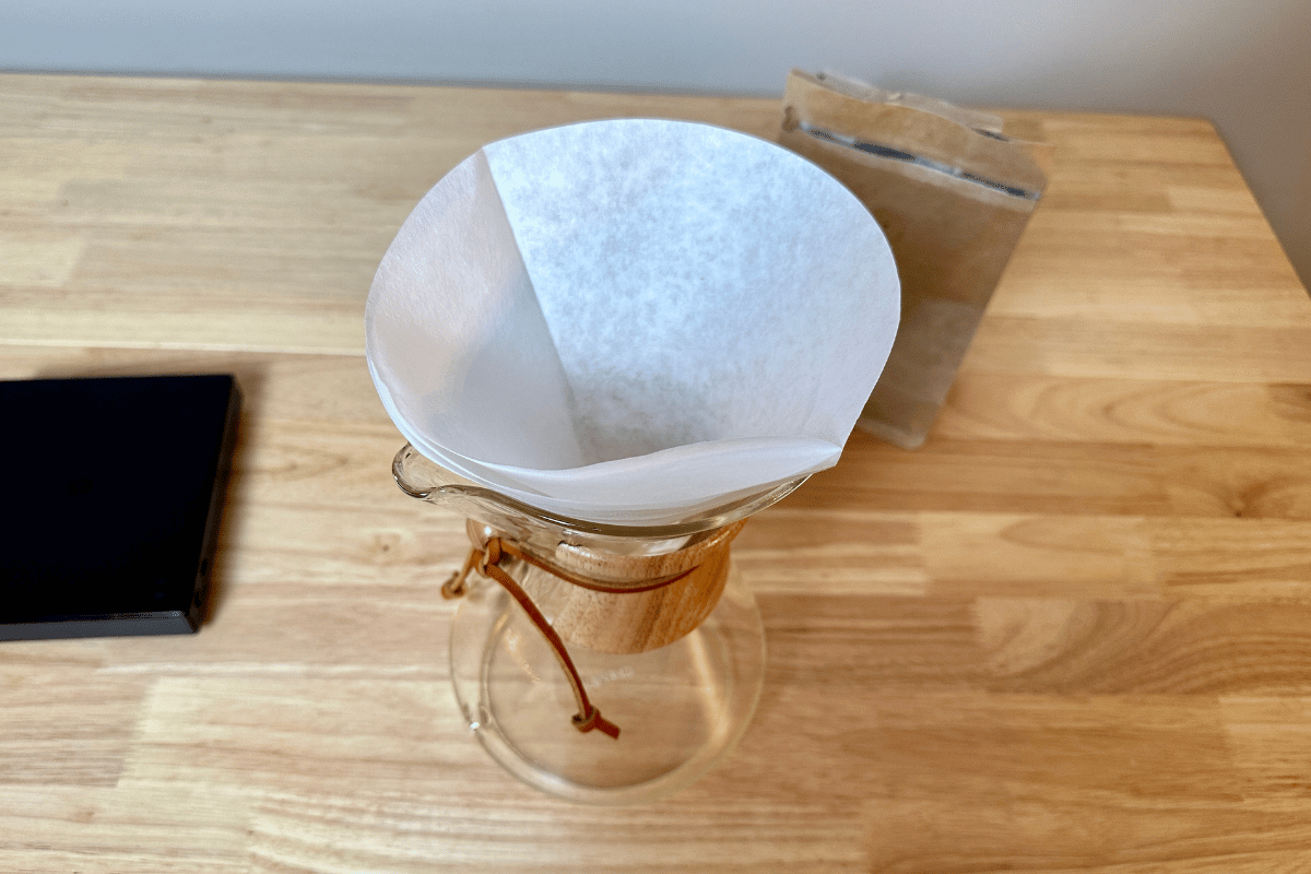 Filter placement for a Chemex: open filter with only one of four sheets.  Place the thicker side towards the spout of the Chemex.