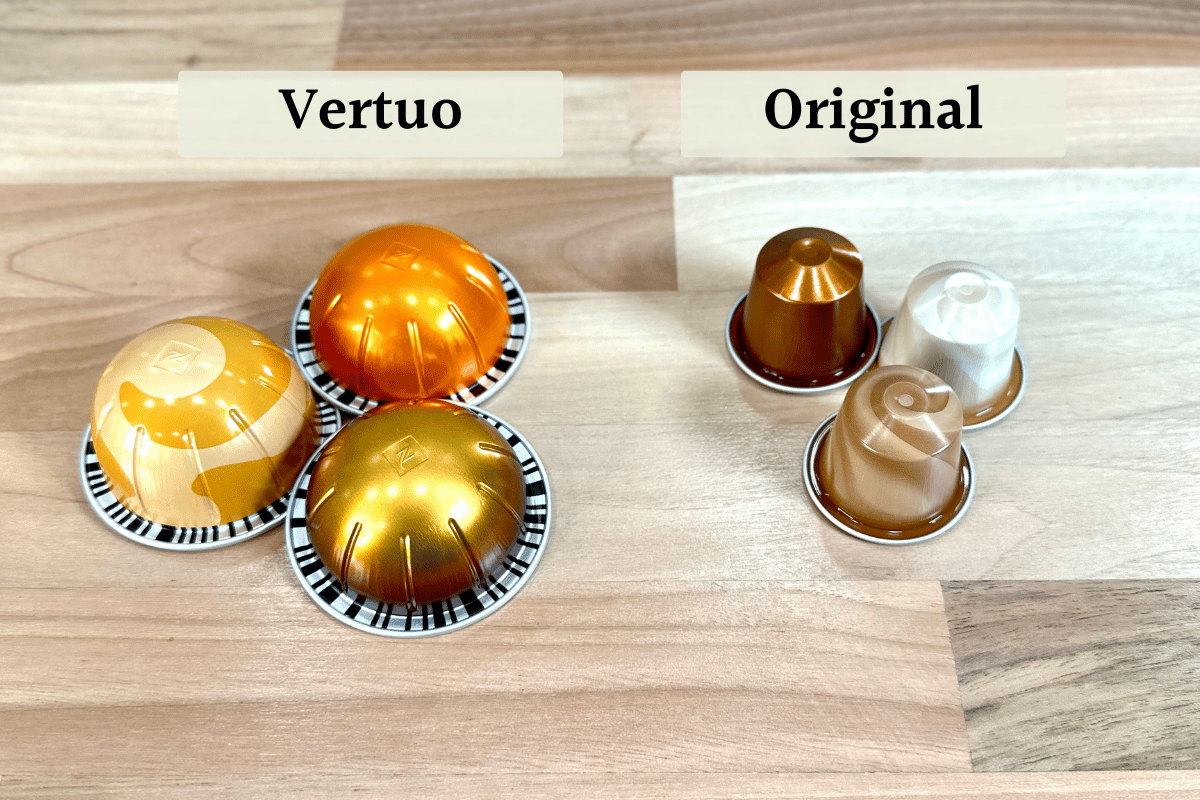 three nespresso vertuo pods next to three nespresso original pods