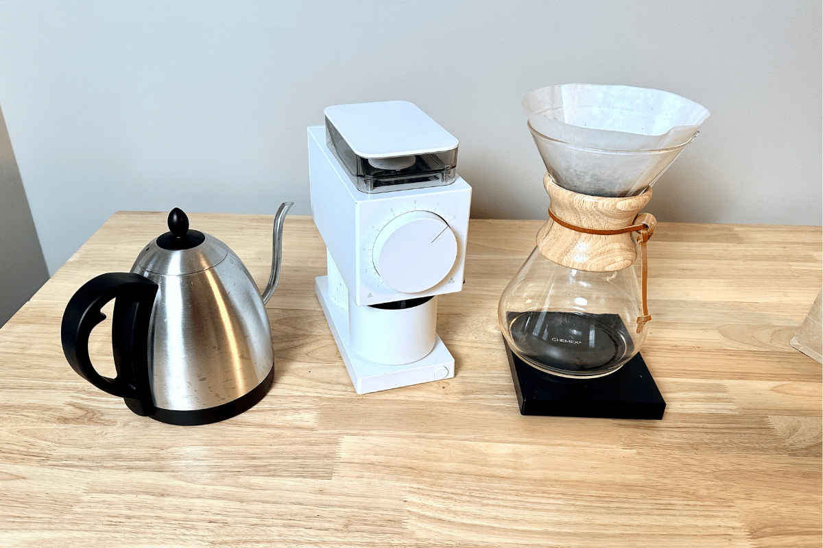 image of gooseneck kettle, Fellow Ode grinder, and Chemex