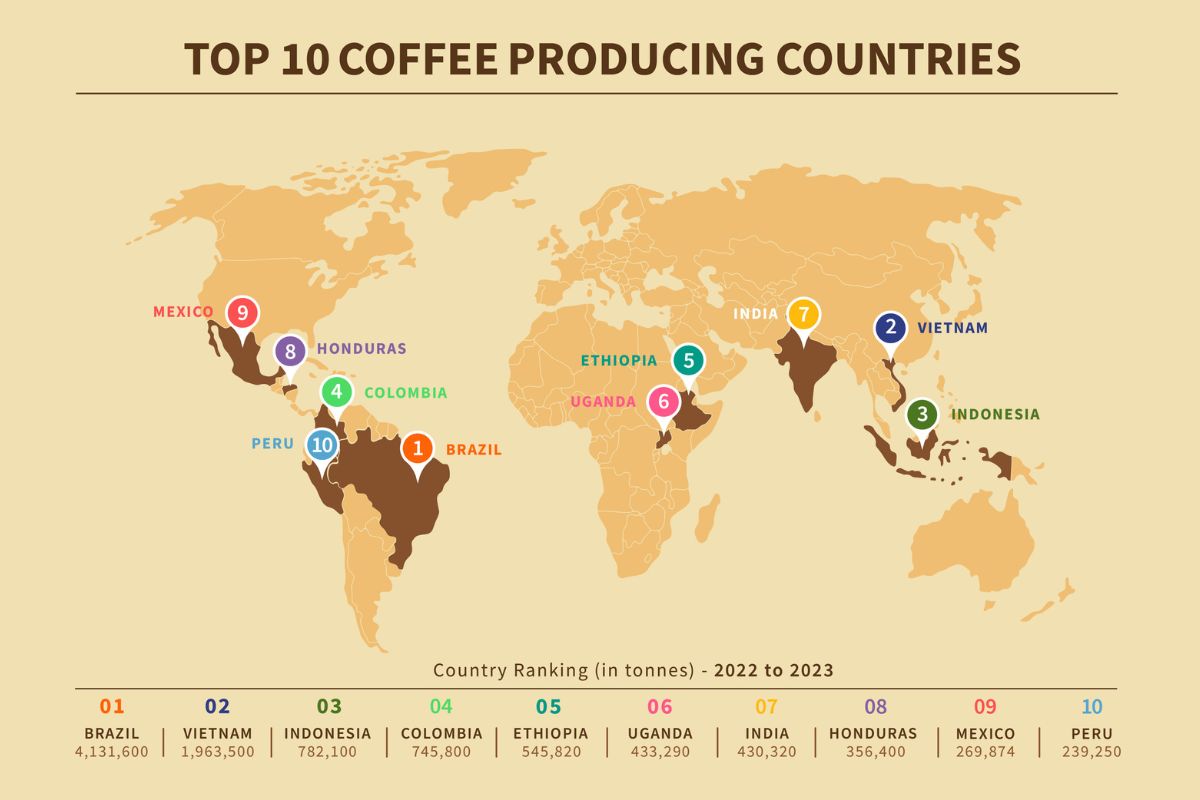 Top 10 Coffee Producing Countries map