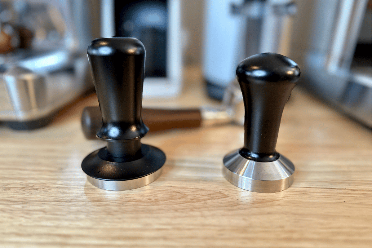 two espresso tampers side-by-side: one with a self-leveling ring
