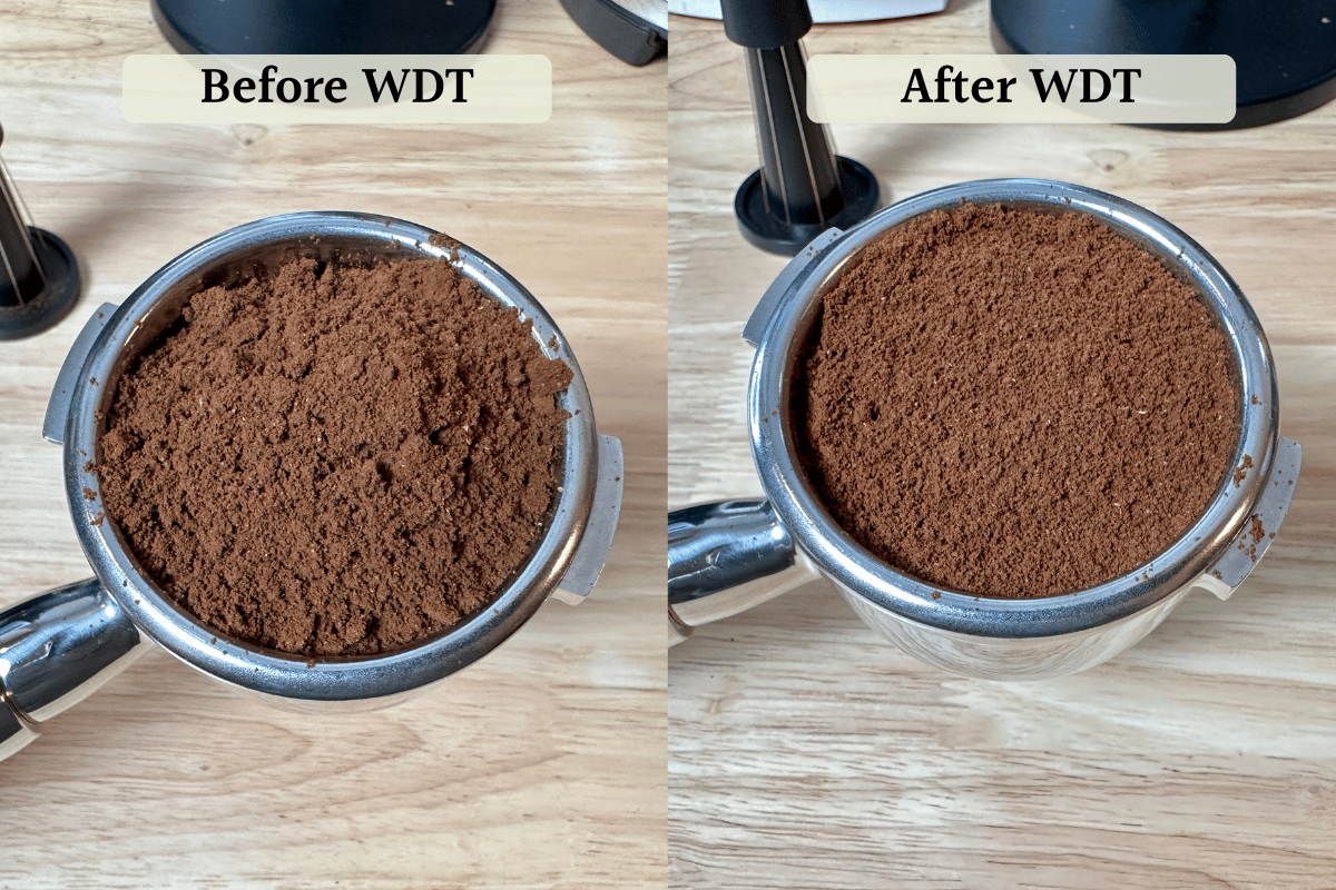 image of two espresso coffee images, before and after using a WDT