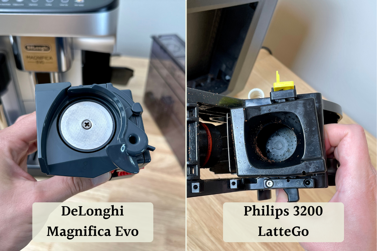 comparison of the brew head on DeLonghi Magnifica Evo vs Philips 3200 LatteGo
