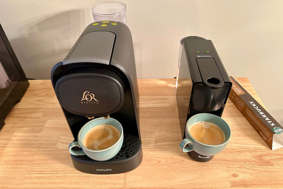 Lor Barista vs Nespresso machines side by side with blue cups